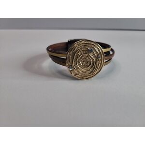 Gold Tone Spiral Medallion Brown Multi Strand Faux Leather Bracelet Rhinestones